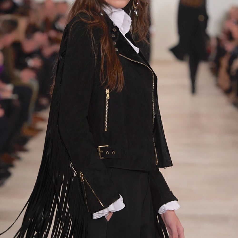 Ralph Lauren Fall ‘16 Runway Collection Black Suede & Velvet Fringed Moto Jacket